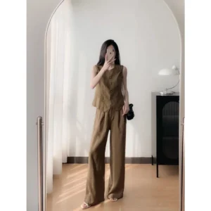 Setelan Wanita Tanpa Lengan Blazer Rompi + Celana Panjang Casual Elegan Korean Style