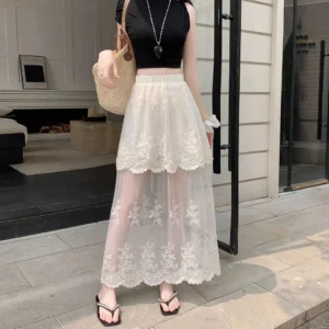 Rok Tulle Brokat Layer Panjang Wanita – Rok Transparan Elegan Korean Style