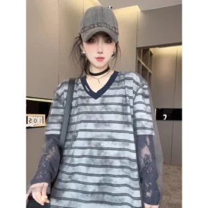 Tunik Oversize Stripe Layer Lace Mesh – Korean Streetwear Look