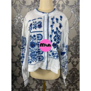 Blouse Wanita Bordir Etnik Biru Putih Lengan Panjang | Atasan Katun Import Premium
