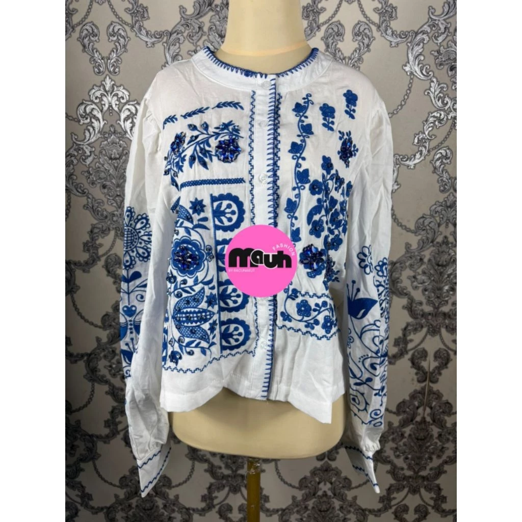 Blouse Wanita Bordir Etnik Biru Putih Lengan Panjang | Atasan Katun Import Premium
