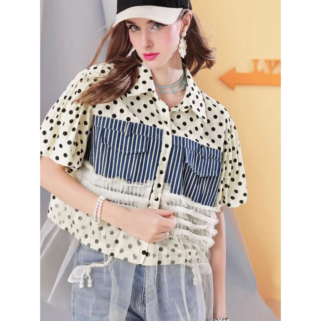 Blouse Polkadot Wanita Kombinasi Motif Garis & Tulle - Atasan Korea Kekinian Casual Cute - Gambar 2