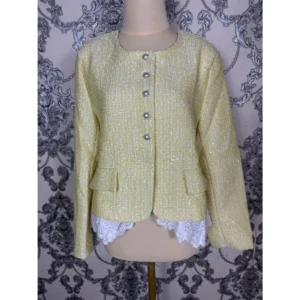 Blazer wanita tweed warna kuning - Jaket tweed renda putih